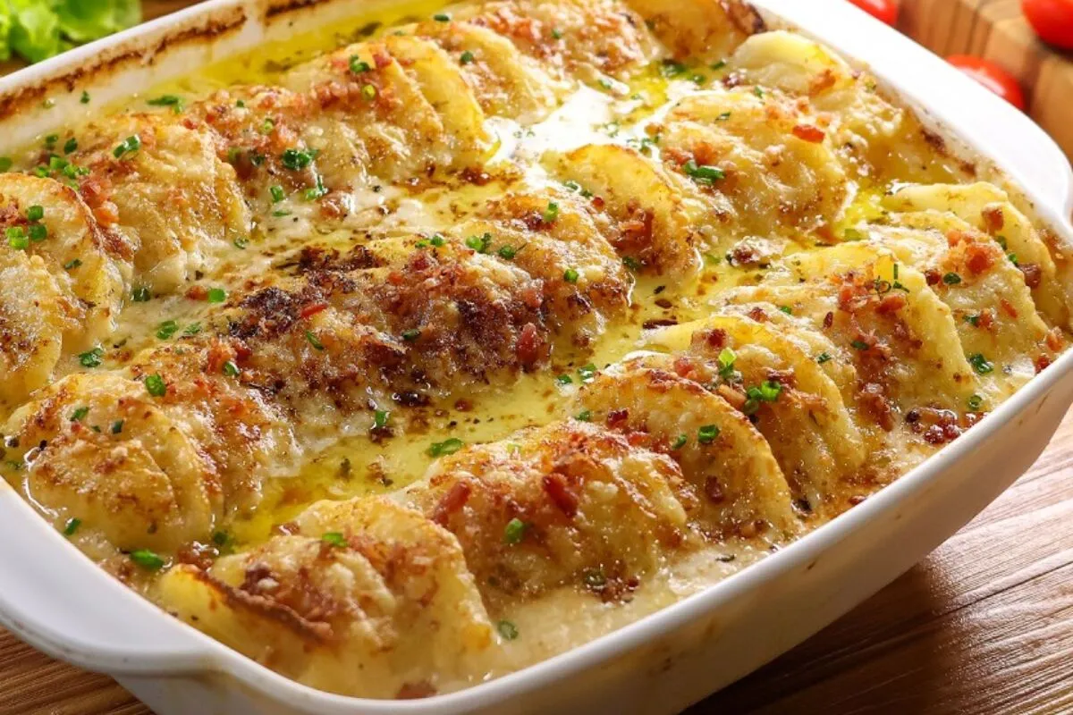 Batata gratinada deliciosa e suculenta, ideal para deixar todos pedindo bis no almoço de domingo
