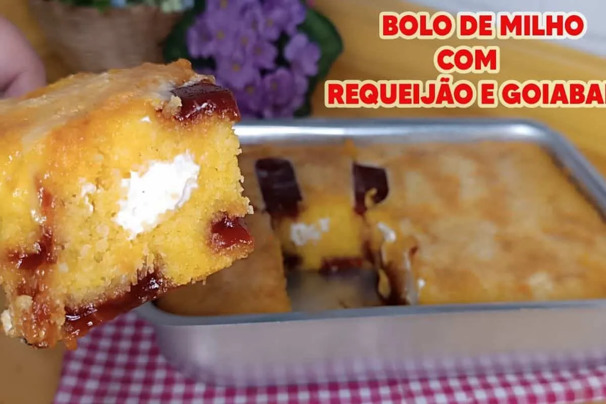 Bolo de milho de latinha com goiabada e requeijão, muito prático e delicioso