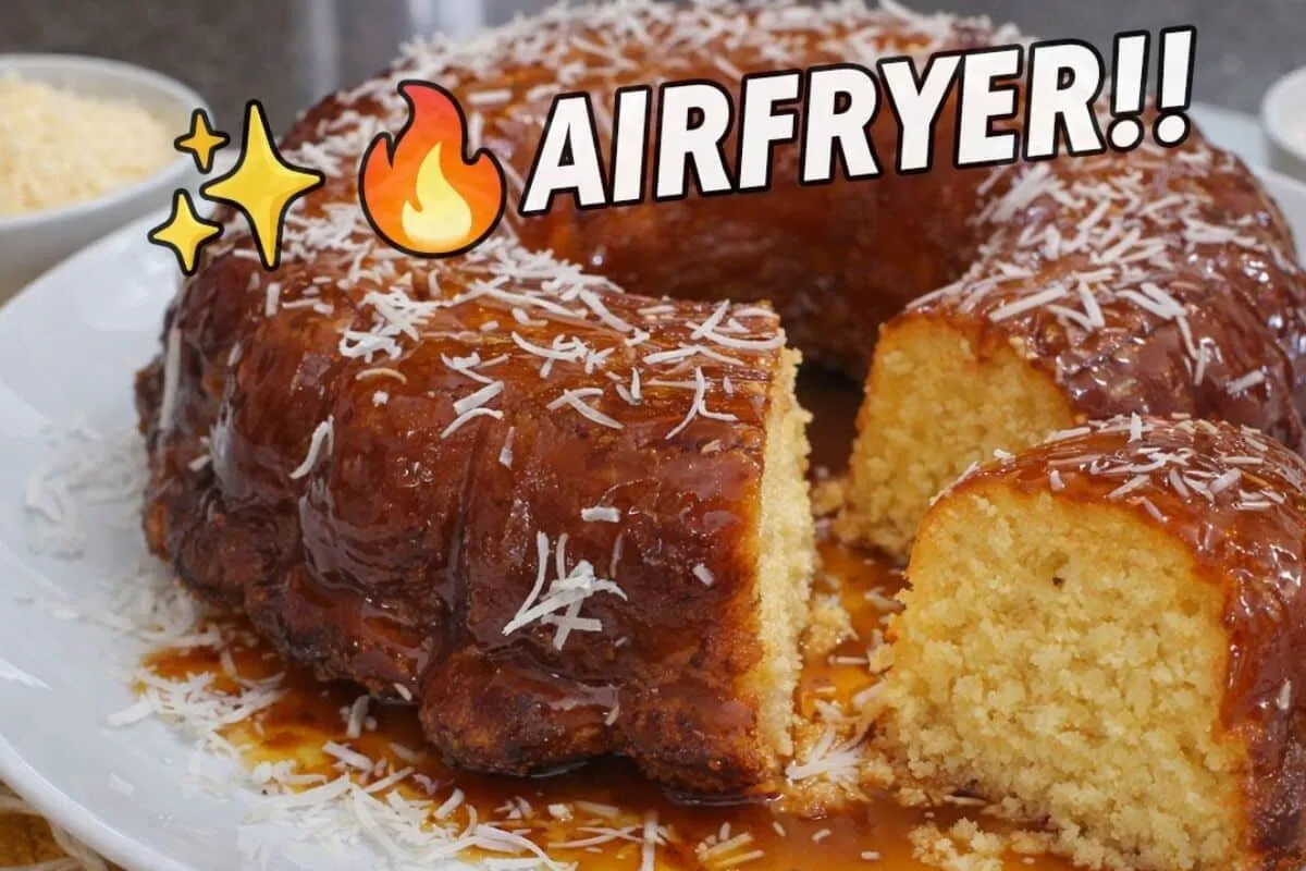 Bolo queijadinha na air fryer, que é prático, fica super cremoso e é perfeito para a hora do lanche