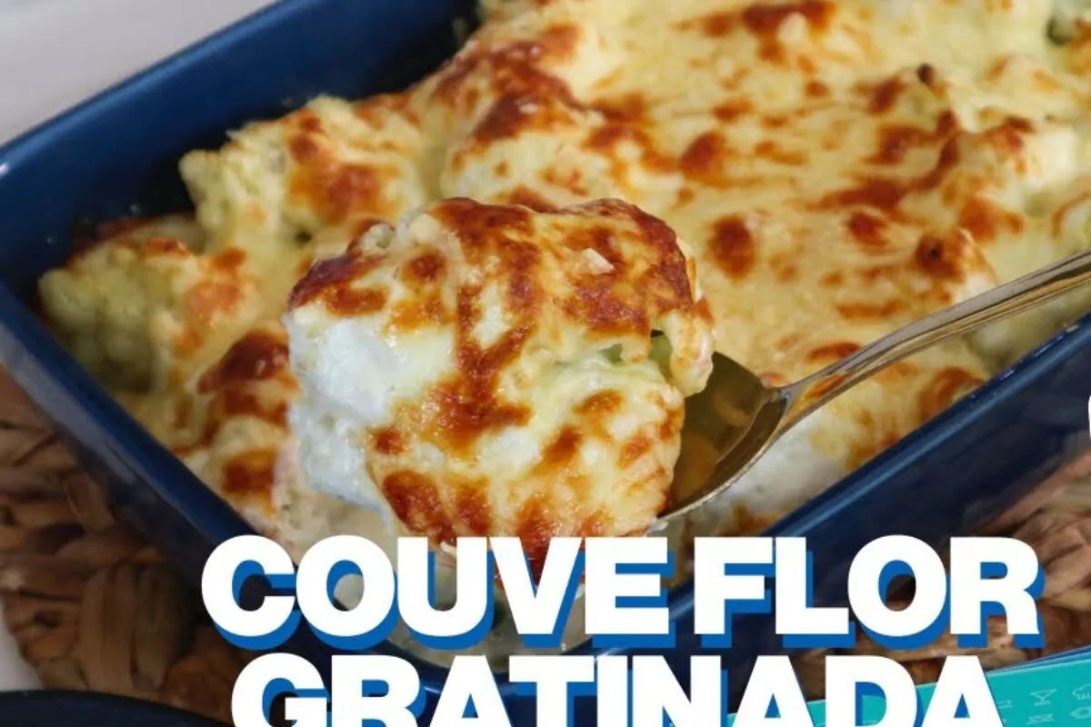 Couve-flor gratinada com queijo douradinho por cima, ótima pra quem ama pratos de forno