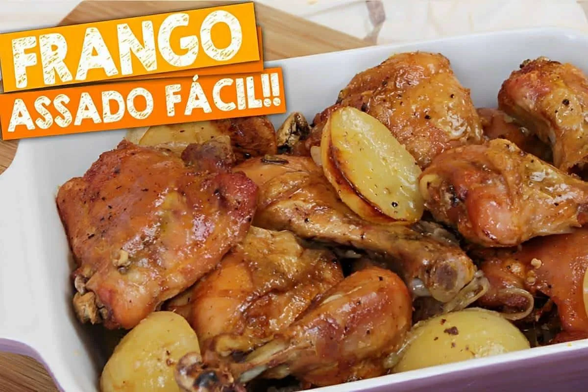 Frango assado com batata coradinho e bem temperado para servir no almoço ou jantar