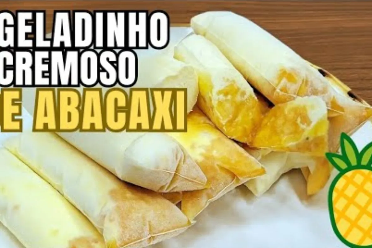 Geladinho cremoso de abacaxi, que fica refrescante, delicioso e as crianças amam