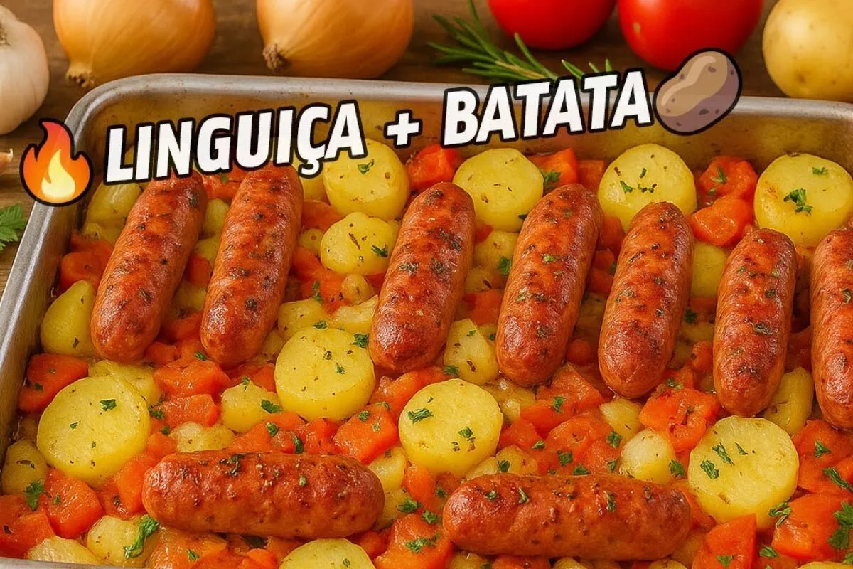 Linguiça assada com legumes simples e saborosa, prato fácil e completo para seu almoço