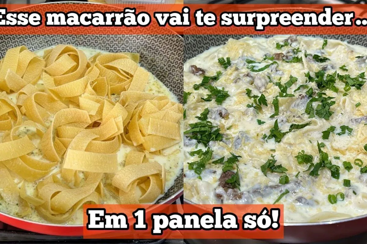 Macarrão ao molho de leite com queijo e carne feito tudo em uma panela e muito saboroso