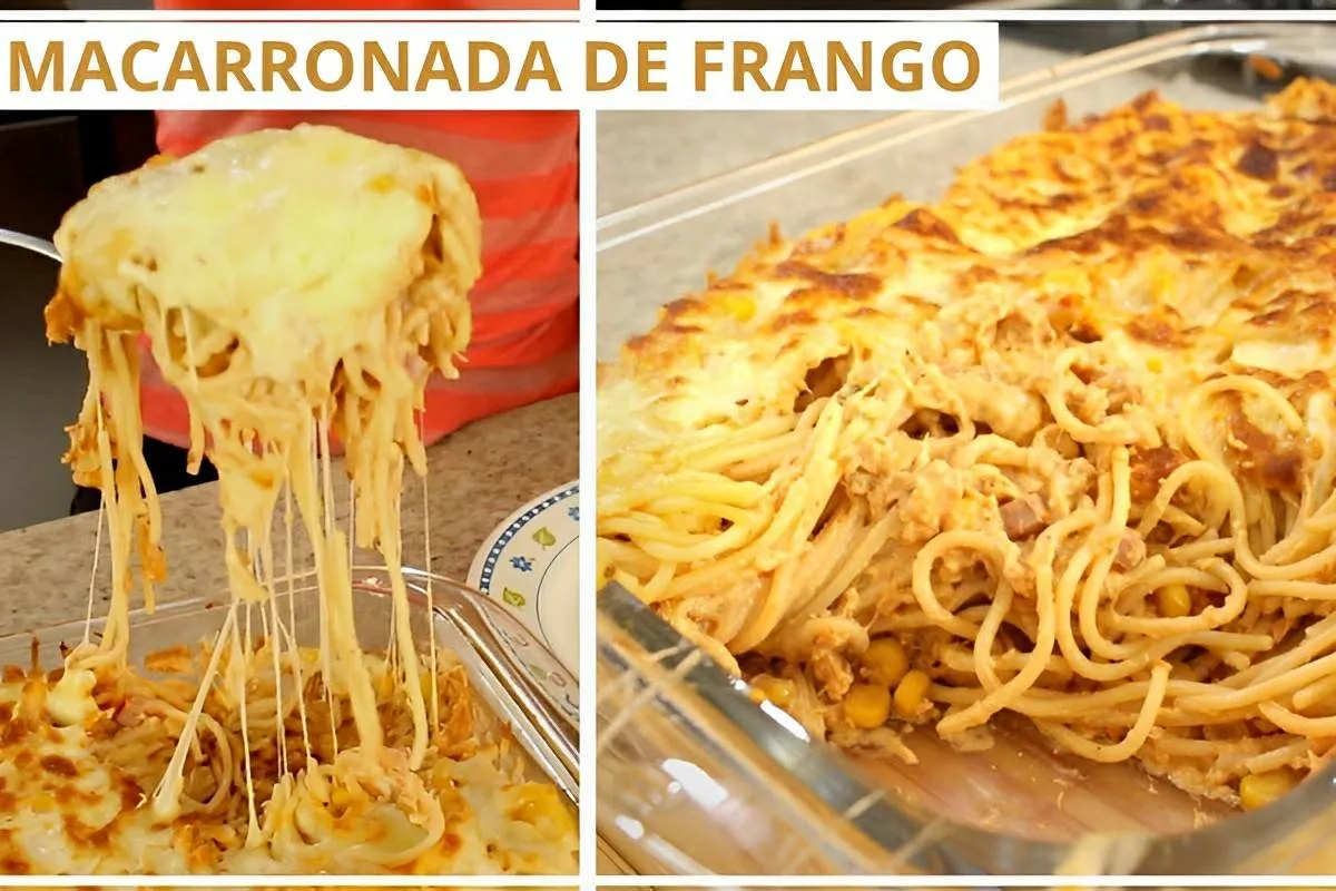 Macarrão de frango com creme de leite gratinado uma delícia para o almoço ou jantar