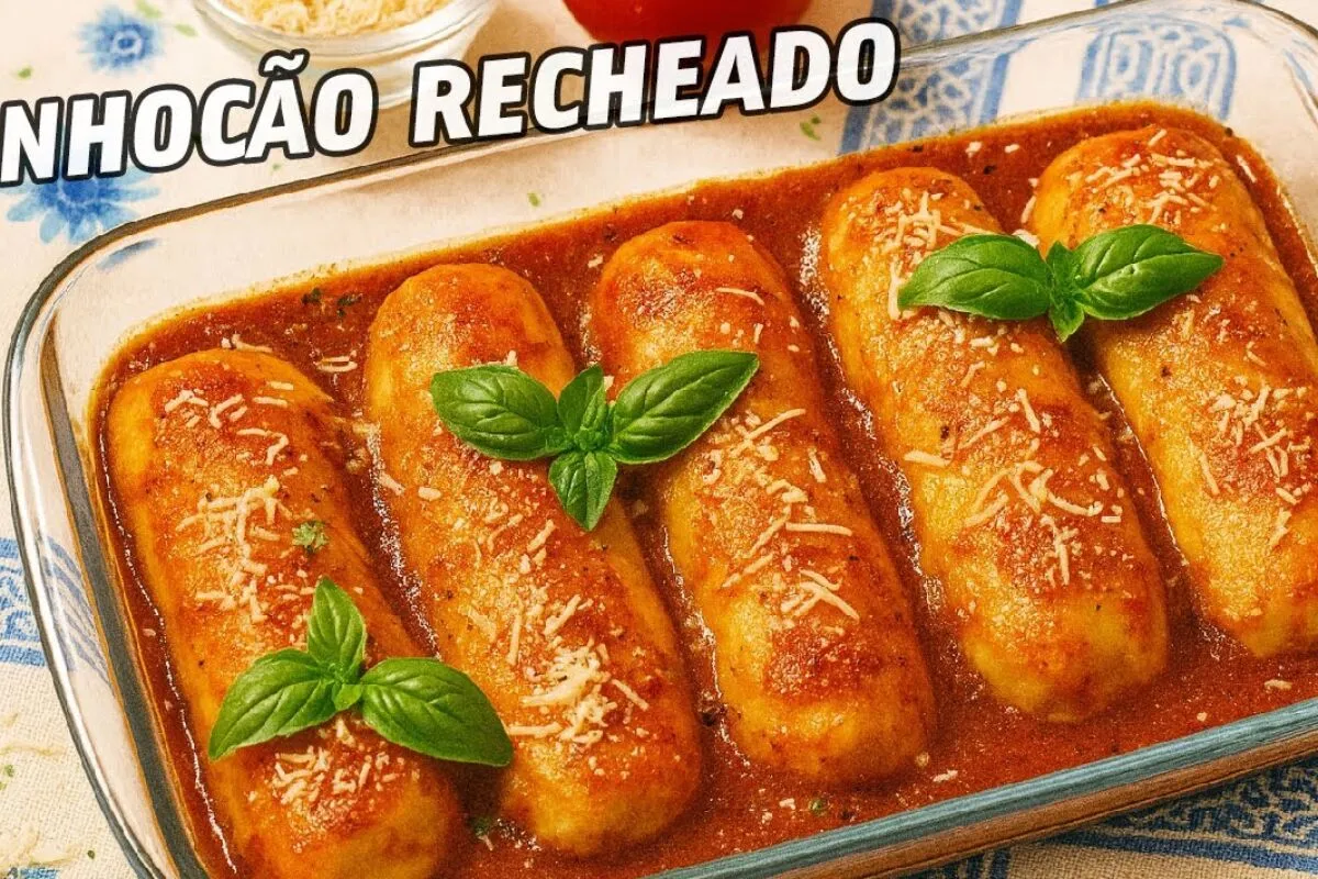 Nhocão recheado de presunto e queijo muito suculento para seu almoço de domingo