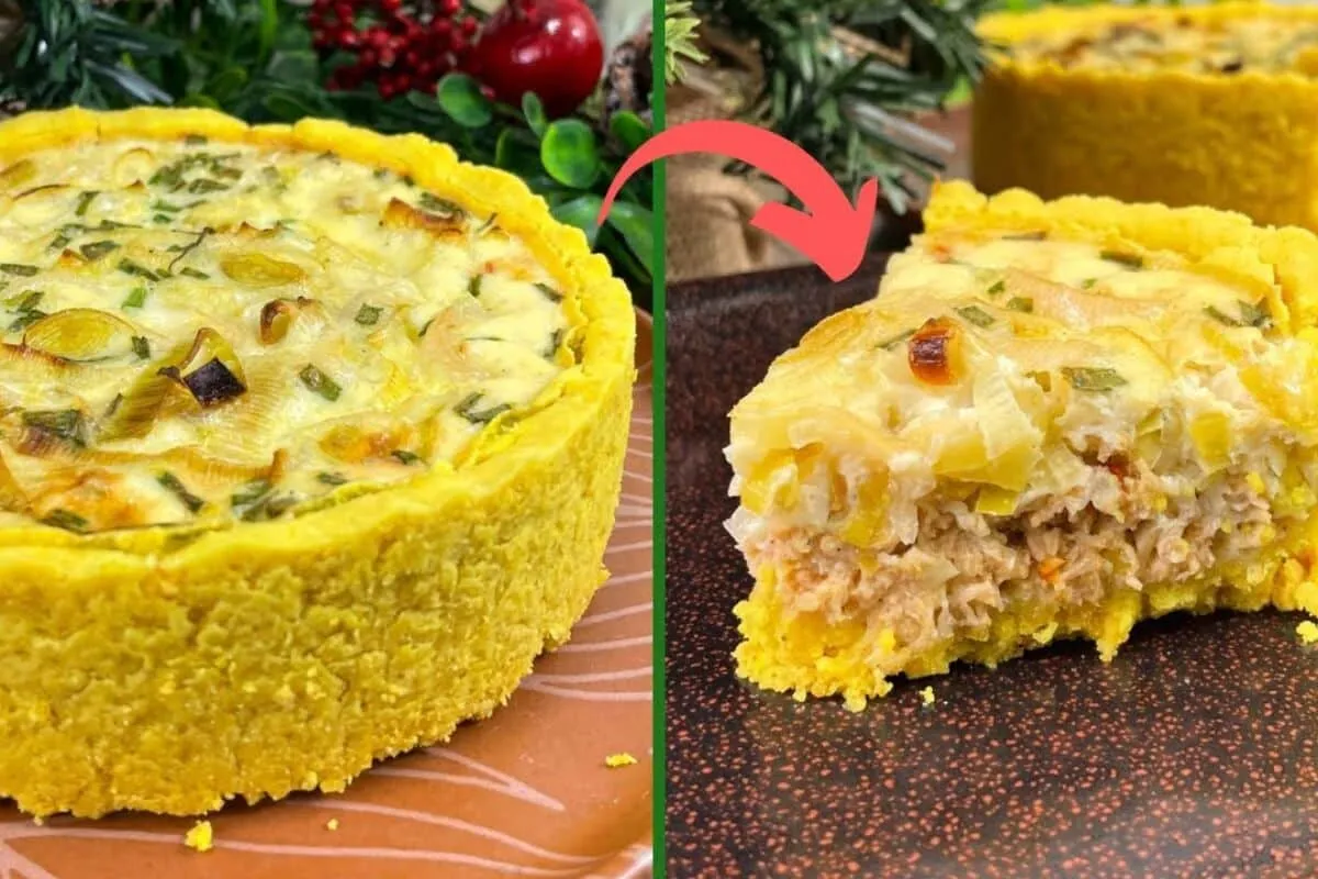Quiche de frango com alho poró, sem glúten e sem leite, levinha e deliciosa, perfeita para o lanche