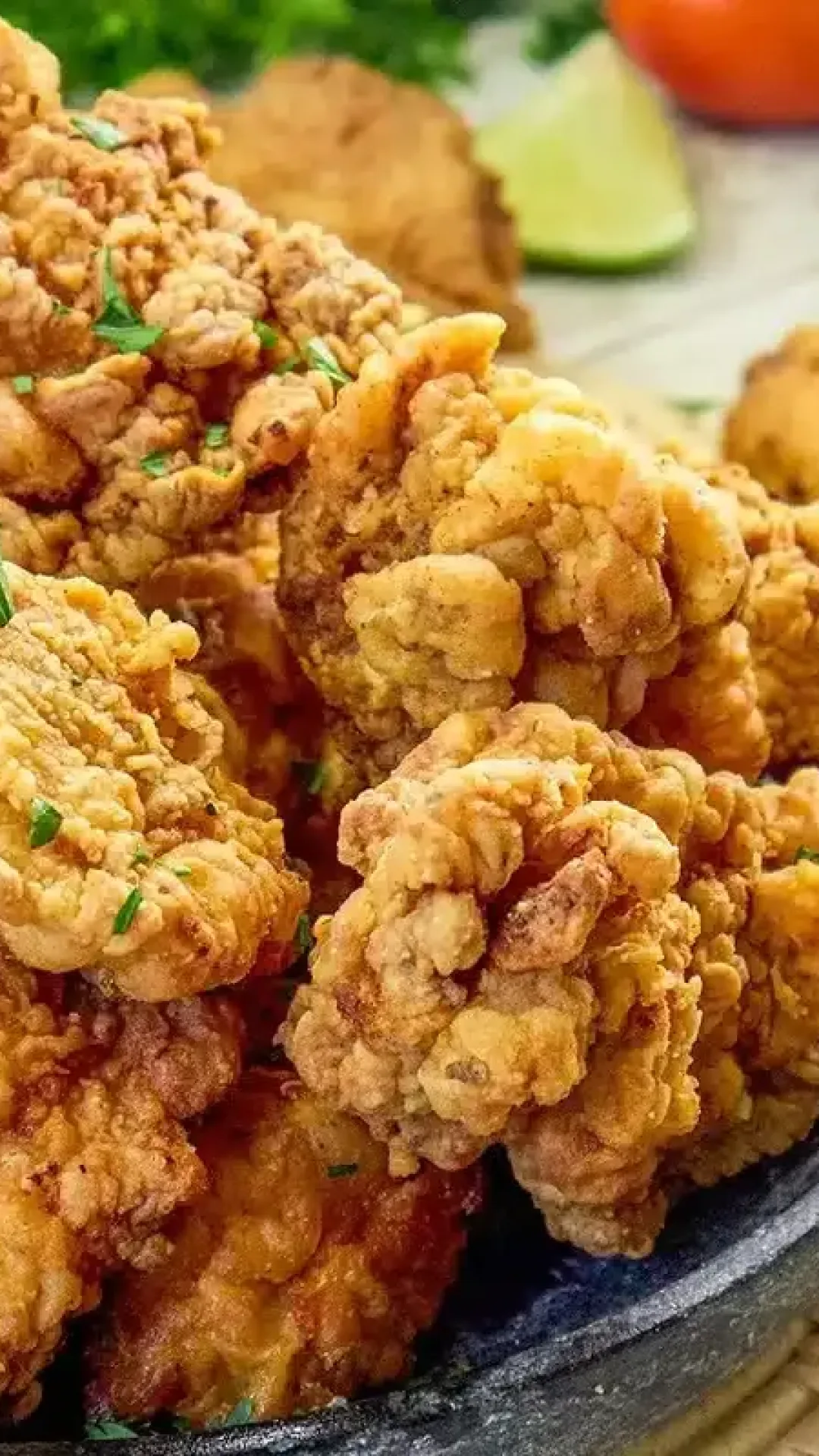 Frango frito crocante empanado que fica sequinho por fora e suculento por dentro